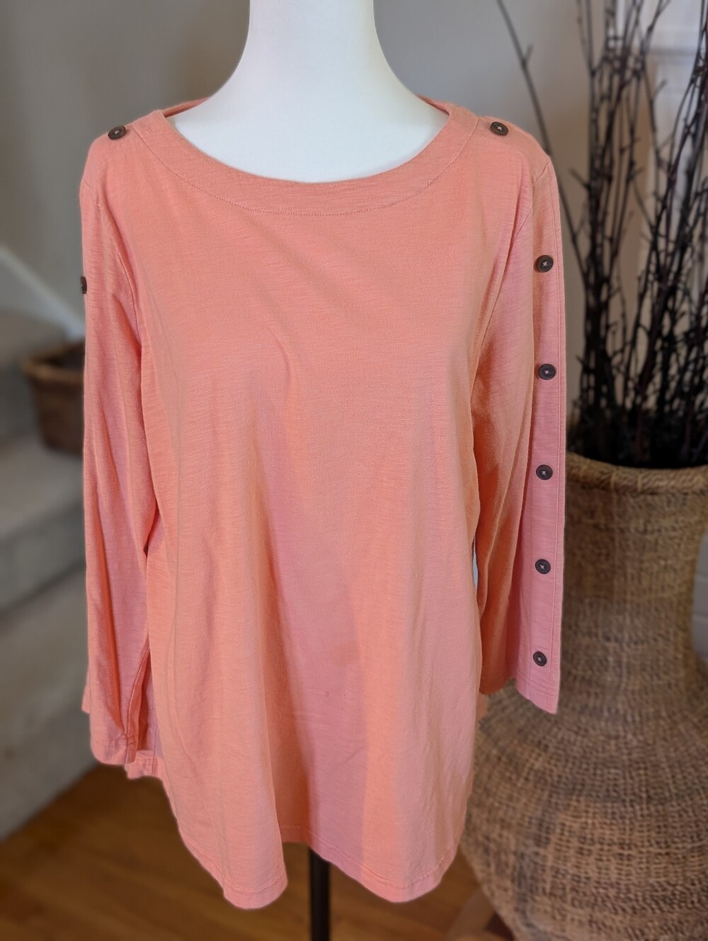 Croft & Barrow XXL Peach Button Sleeve Top | Coastal Preppy Soft Casual 3/4...